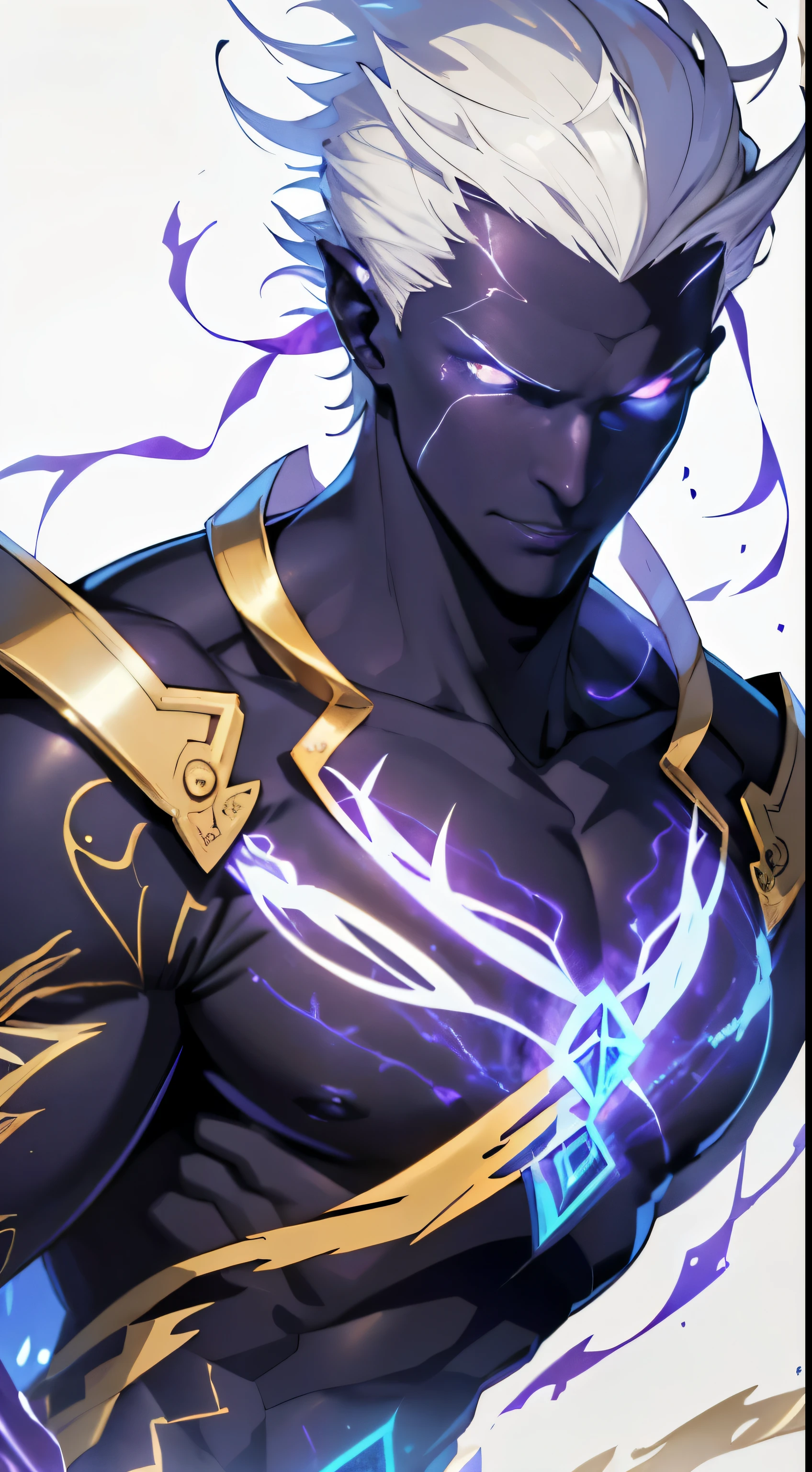 (best quality,4k,Altas:1.2),ultra-detalhado,(Realistic:1.37) a white-haired megatrix man wearing a white kimono with gold details and several runes running down his body,illustration,retrato,etherial lighting,foco nítido,vivid colors,estilo de arte tradicional,atmosfera calma,fundo branco.