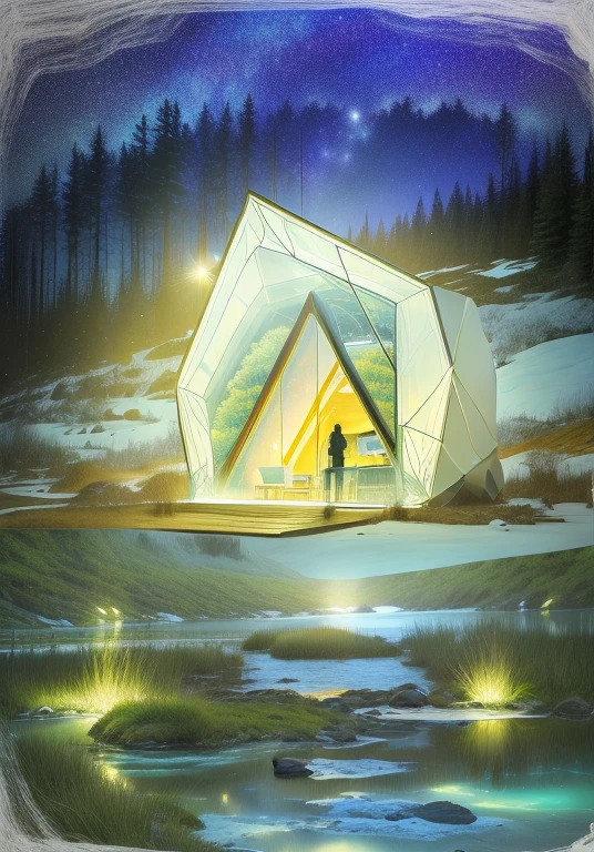glass installation features a glowing cabin，Photography Realism
