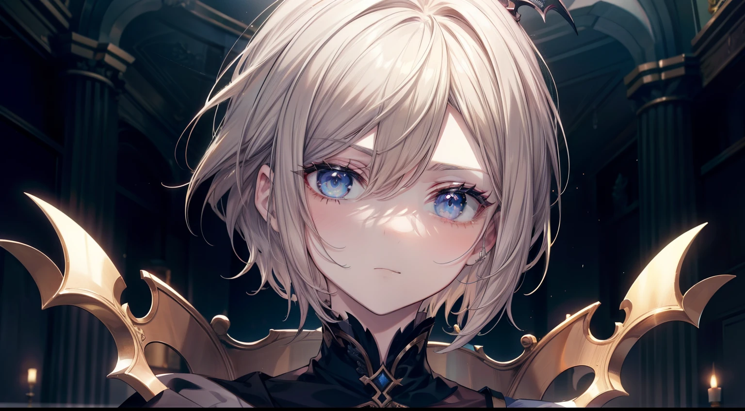 (masutepiece, Best Quality), Intricate details, 8K, Sharp focus quality) (Detailed skin:1.3) (Intricate details) (8K) (Detailed eyes) (Anime) Man's character, Soft hair, Short hair, light brown hair, Light blue eyes, Man's, Anime Man's, frontage, 素敵なMan's子, Perfect face, Detailed eyes, Bold background, Detailed accessories, Unique costumes, Sharp eyes, Man's, A young man, Idol, dark color, pale skin, Vampire, tusk, Defined features, Model, Gothic, Symbolism, Comfortable clothing, Dark room, Cluttered room, Indoors, Detailed background, Bold colors, bold outline, Sharp face, Nighttime, Night, Pose, Handsome, sleepy, Tired, drooing eyes