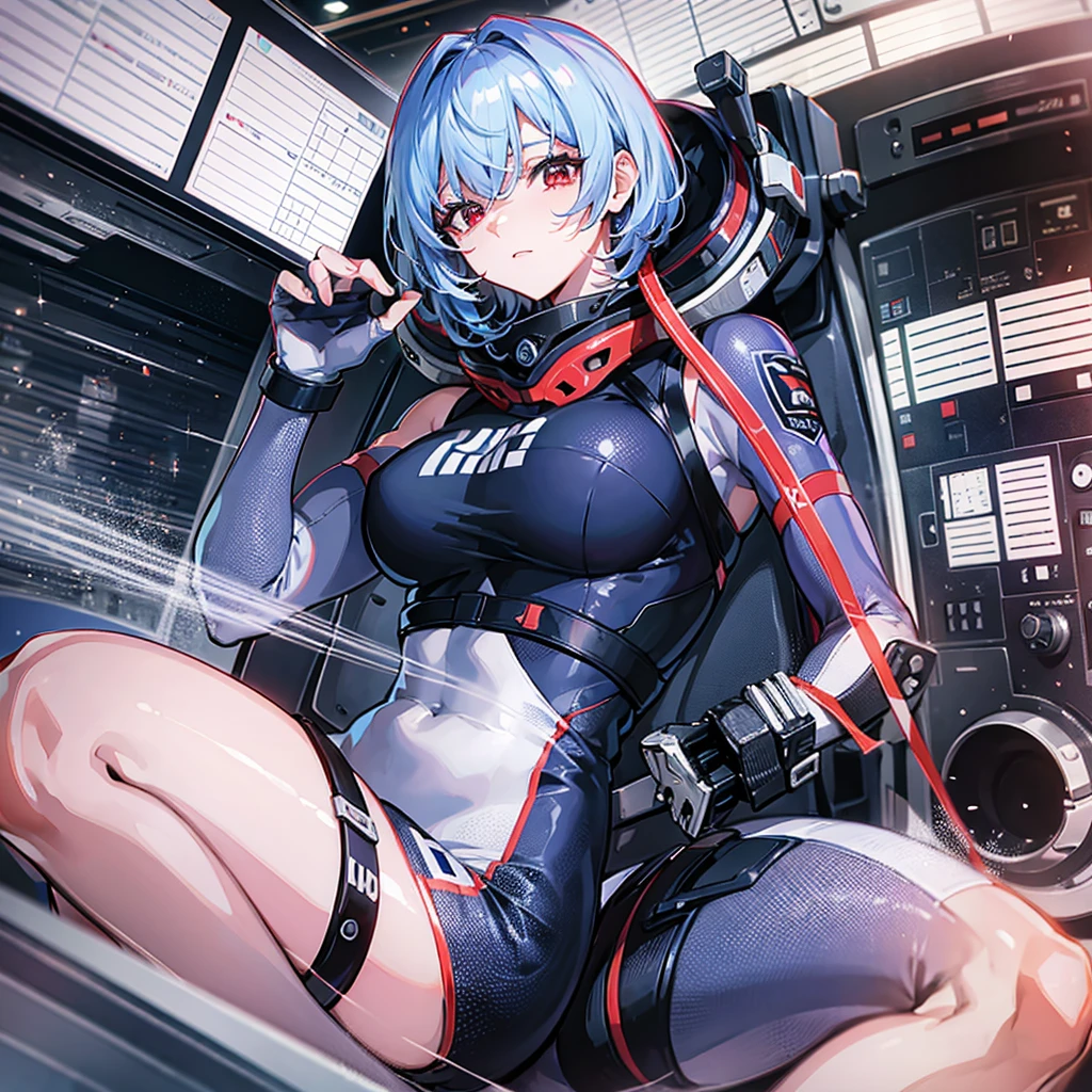 (((masterpiece、Top image quality、top-quality、highly detailed unity 8kwall-paper)))、((Illustration of one girl))、(pilot)、(((blue silver short hair)))、Red eyes、((Tall))、(((Muscle Girl、Muscular and strong body、abdominals、muscular and thick arms、muscular and thick legs、stocky build、muscular legs、broad shoulders))))、(((白いpilotスーツ)))、((manspreading、Sitting in the cockpit))、((space fighter cockpit、The Universe on the Monitor、Earth seen from space))
