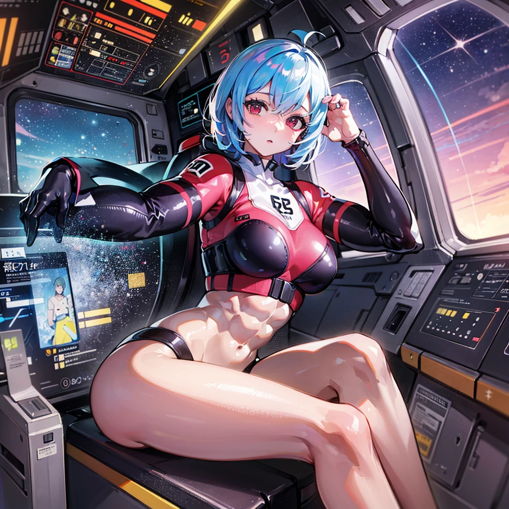 (((masterpiece、Top image quality、top-quality、highly detailed unity 8kwall-paper)))、((Illustration of one girl))、(pilot)、(((blue silver short hair)))、Red eyes、((Tall))、(((Muscle Girl、Muscular and strong body、abdominals、muscular and thick arms、muscular and thick legs、stocky build、muscular legs、broad shoulders))))、(((白いpilotスーツ)))、((manspreading、Sitting in the cockpit))、((space fighter cockpit、The Universe on the Monitor、Earth seen from space))