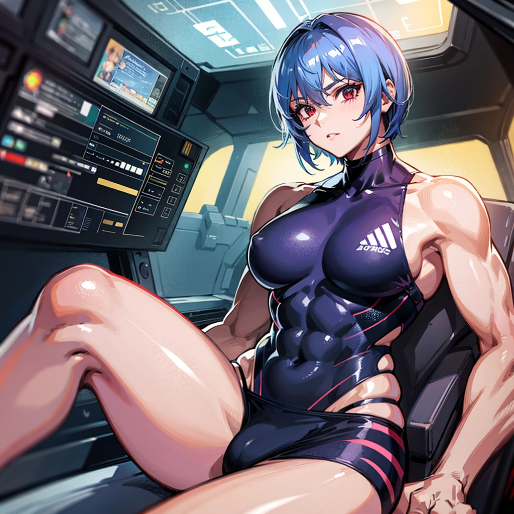 (((masterpiece、Top image quality、top-quality、highly detailed unity 8kwall-paper)))、((Illustration of one girl))、(pilot)、(((blue silver short hair)))、Red eyes、((Tall))、(((Muscle Girl、Muscular and strong body、abdominals、muscular and thick arms、muscular and thick legs、stocky build、muscular legs、broad shoulders))))、(((白いpilotスーツ)))、((manspreading、Sitting in the pit))、((space fighter cockThe Universe on the Monitor、Earth seen from space))