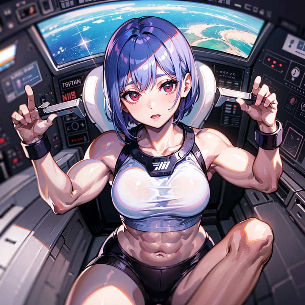 （（（​masterpiece、Top image quality、top-quality、highly detailed unity 8ｋwall-paper）））、（（Illustration of one girl））、（pilot）、（（（blue silver short hair）））、Red eyes、（（Tall））、（（（Muscle Girl、Muscular and strong body、abdominals、muscular and thick arms、muscular and thick legs、stocky build、muscular legs、broad shoulders））））、（（（白いpilotスーツ）））、（（manspreading、Sitting in the cockpit））、（（space fighter cockpit、The Universe on the Monitor、Earth seen from space））