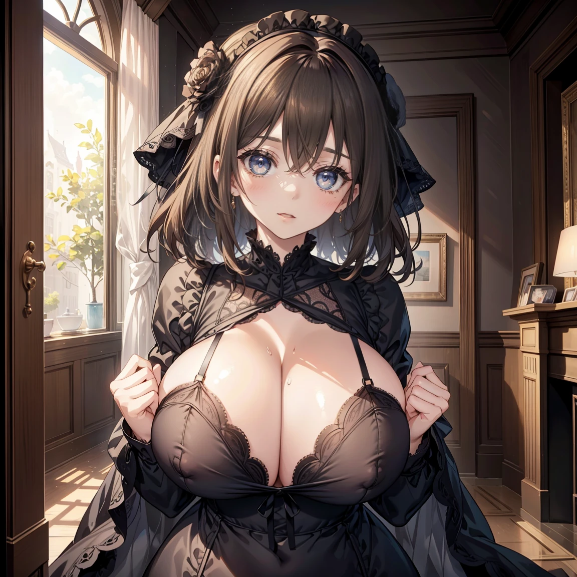 1 girl, watery big eyes, Low RA:Add to_the detail:1,black lace cleavage underwear,Bigchest,Inside the living room,humongous large breast,humongous large breast,Bigchest,blackstockings,Happy expression