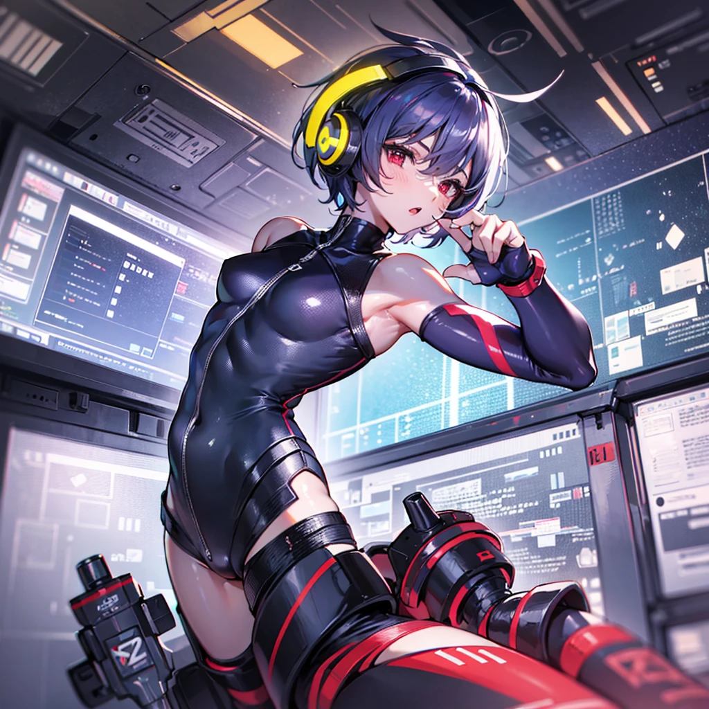 (((masterpiece、Top image quality、top-quality、highly detailed unity 8kwall-paper)))、((Illustration of one girl))、(pilot)、(((blue silver short hair)))、Red eyes、((Tall))、(((Muscle Girl、Muscular and strong body、abdominals、muscular and thick arms、muscular and thick legs、stocky build、muscular legs、broad shoulders))))、(((白いpilotスーツ)))、((manspreading、Sitting in the cockpit))、((space fighter cockpit、The Universe on the Monitor、Earth seen from space))
