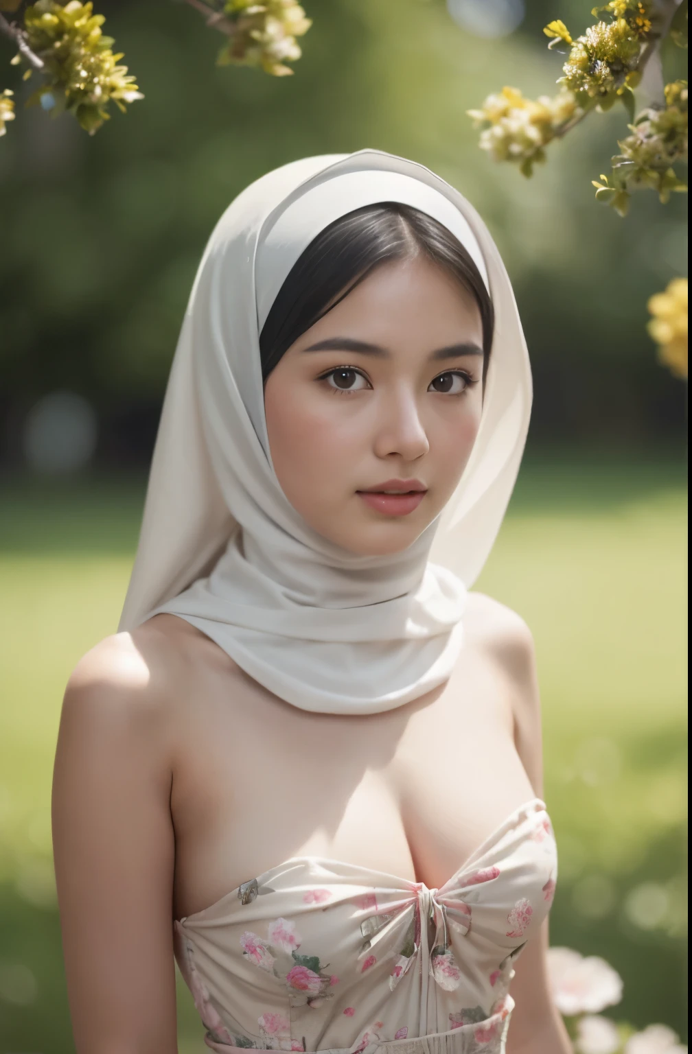 Topless, Porn, (Close-up of the painting style，Ultra HD 8K，Masterpiece grade CG wallpaper)，Cinematic lighting，cute girly，Delicate and beautiful face，Dreamy pupils，Wearing a small floral short summerdress, round waist,hijabi,Bust poem,Sit，Cloudy background,the trees,florals,夏天,Chinese style buildings, magical