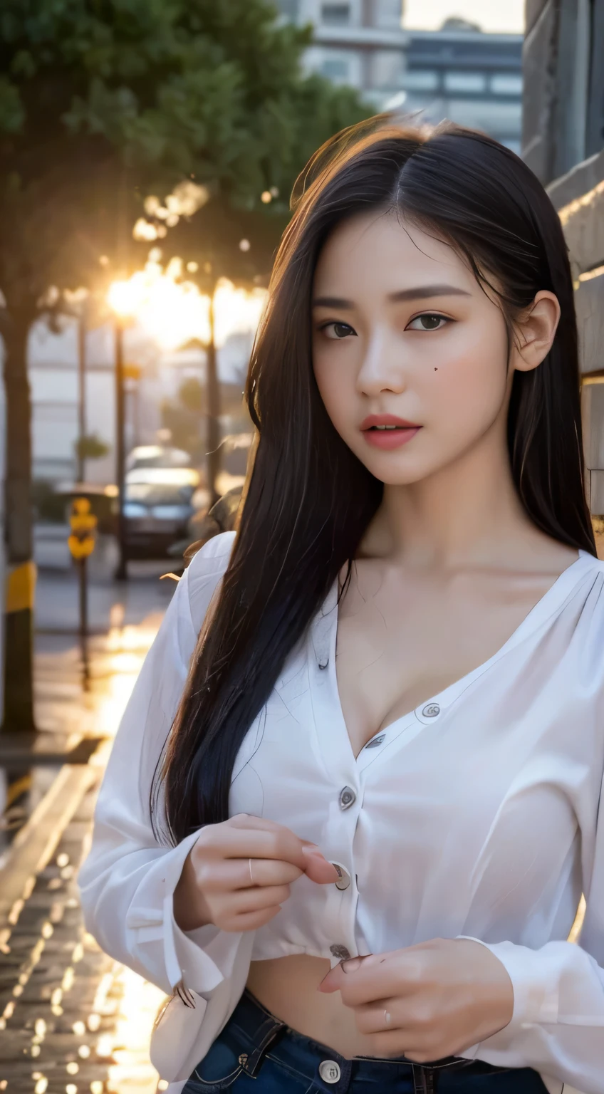 ((top-quality、8k、masterpiece:1.3))、foco nítido:1.2、Beautiful woman with perfect body:1.4、slim abdomen:1.2、((Longhaire、big tit:1.2))、(no-bra) (Small and beautiful hard nipple) (Thin, damp buttons up to black semitranslucent shirt length:1.1)、(White shirt wet by rain)、sunset、(Sateen、a street:1.2)、Wet body:1.1、Highly detailed facial and skin texture、 A detailed eye、二重まぶた、skin tanned、A sexy、sun burn
