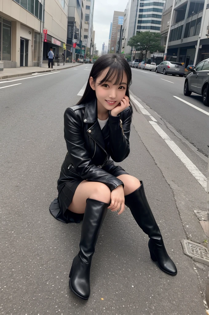 photo Realistic, masutepiece, Realistic, High contrast, Best Quality, 超A high resolution, photo Realistic, High resolution, Raw photo, Japanese Junior High School Girl, Long hair, Black leather jacket, Long sleeves, Black super mini skirt, Pleated skirt, (((black knee high boots))), Street, Sitting on the road, Looking at Viewer, (((From below))), Busy city, (Pose Seductive), Looking at Viewer, japanaese girl, Smile,