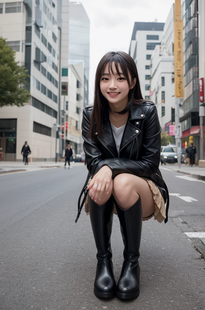 photo Realistic, masutepiece, Realistic, High contrast, Best Quality, 超A high resolution, photo Realistic, High resolution, Raw photo, Japanese  Girl, Long hair, Black leather jacket, Long sleeves, Black super mini skirt, Pleated skirt, (((black knee high boots))), Street, Sitting on the road, Looking at Viewer, (((From below))), Busy city, (Pose Seductive), Looking at Viewer, japanaese girl, Smile,