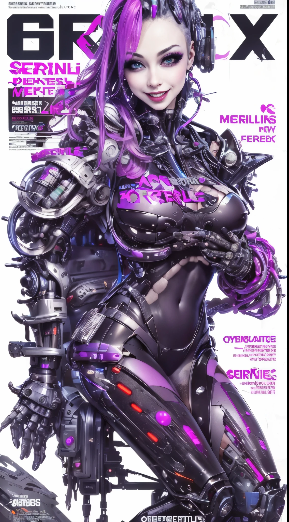 Magazine cover of smiling sexy beautiful Cyberpunk girl, porno magazine, text, (cybernetic implants), NSFW