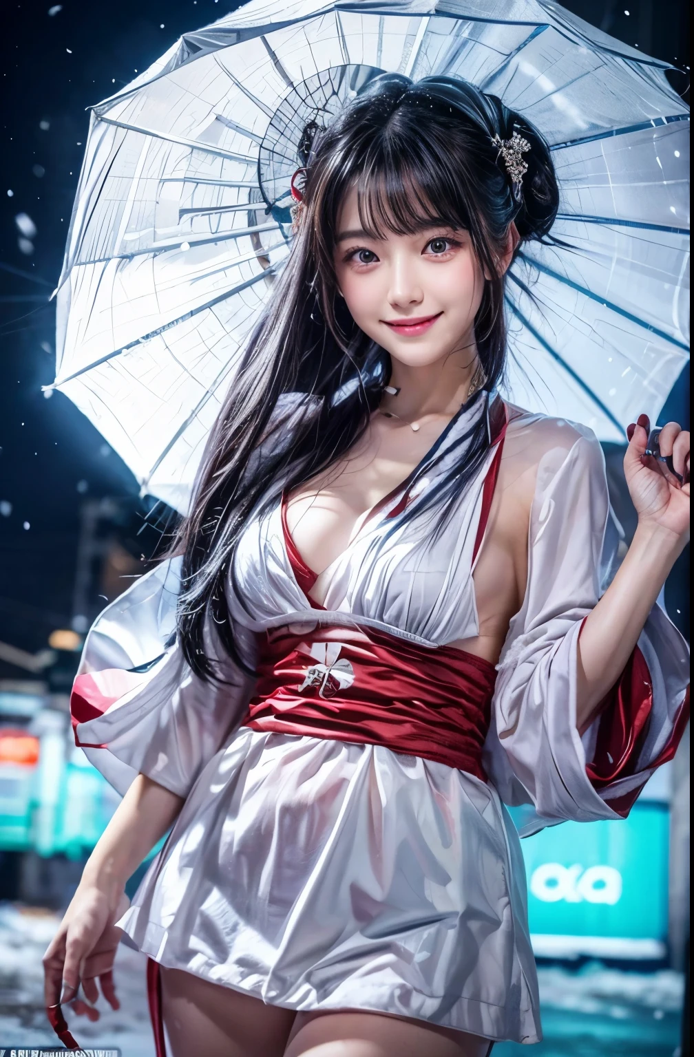 It's snowing a lot, Hair color is black hair, change the color of clothes to white, Amazing smile