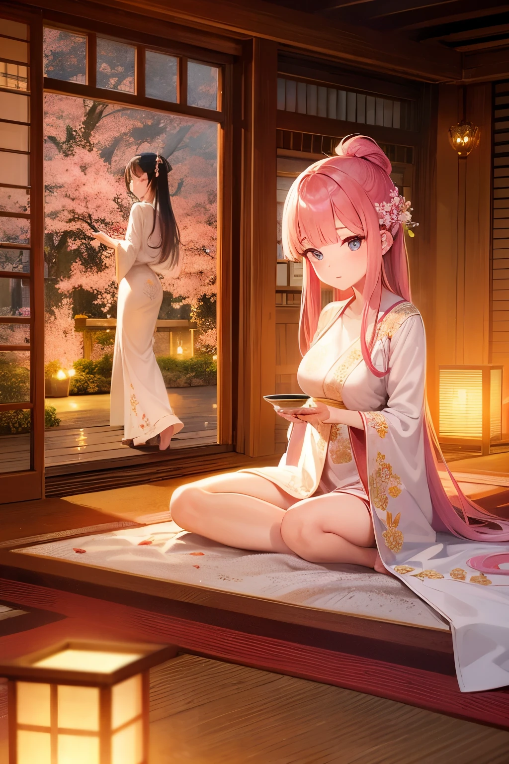 beautiful detailed eyes, traditional costume, serene garden, cherry blossom, flowing robes, graceful pose, bamboo forest, delicate embroidery, tea ceremony, ancient architecture, soft lighting, vibrant colors, dreamlike atmosphere, intricate details.