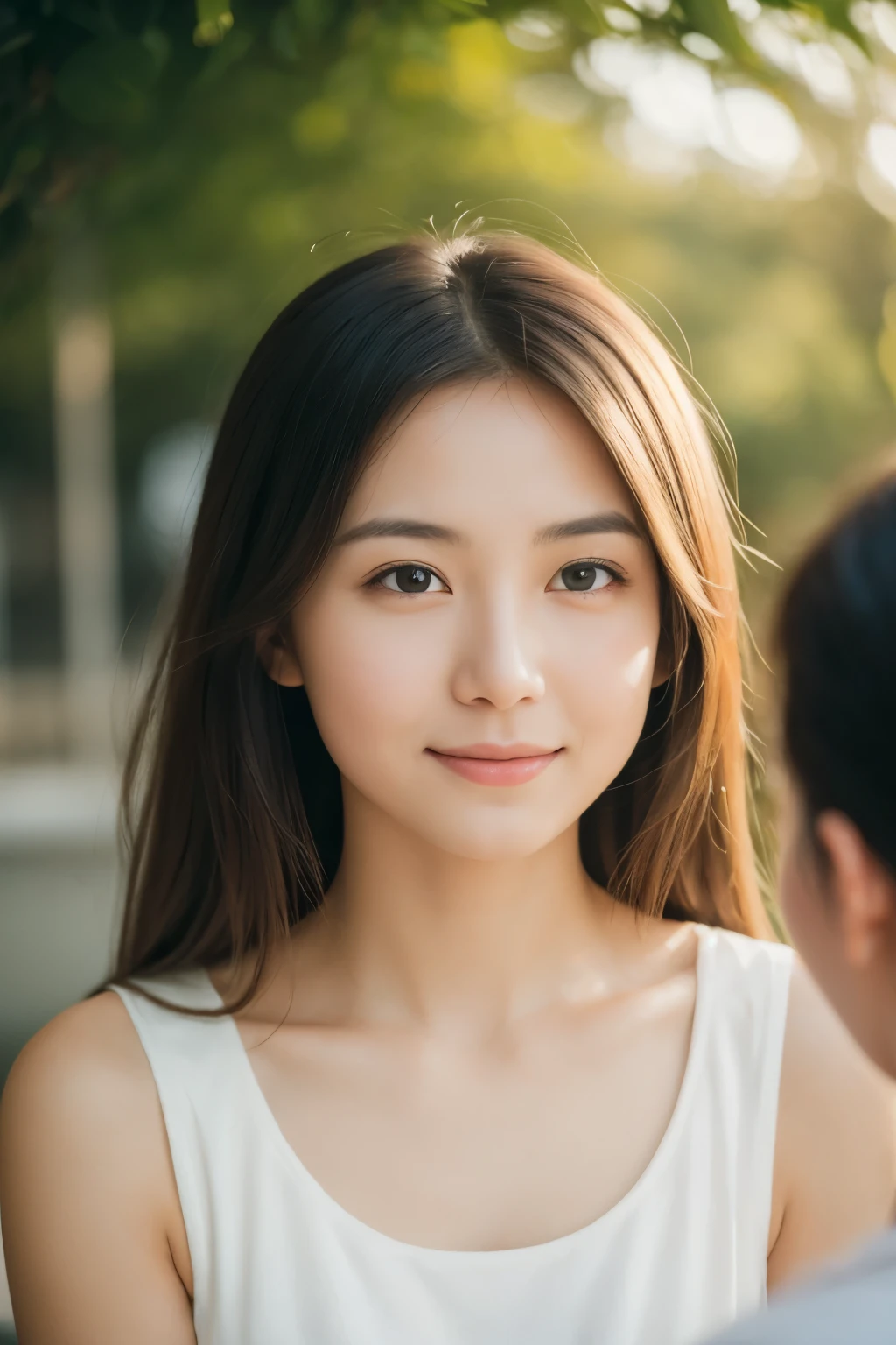 A close-up portrait of a confident and supportive friend in a modern  setting, captured by  with a Canon 5D Mark IV camera, using an aperture of f/1.8, ISO 400, and a shutter speed of 1/200 sec. The photograph has a warm color temperature, with the subject's face illuminated by soft, natural light that creates a gentle glow on their skin. The composition emphasizes the person's expression of trust and encouragement, with a focus on their eyes that reflect wisdom and compassion. The overall atmosphere of the photo is uplifting and empowering, conveying a sense of strong emotional connection and unwavering support.