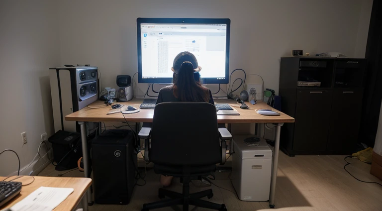 Computer table of a hacker with 2 monitors, large circular table, chair with head support, backlit keyboard, podcast microphone with stand, great modern design, computer nerd, coffee mug on the table, photo taken from the back side, face not visible