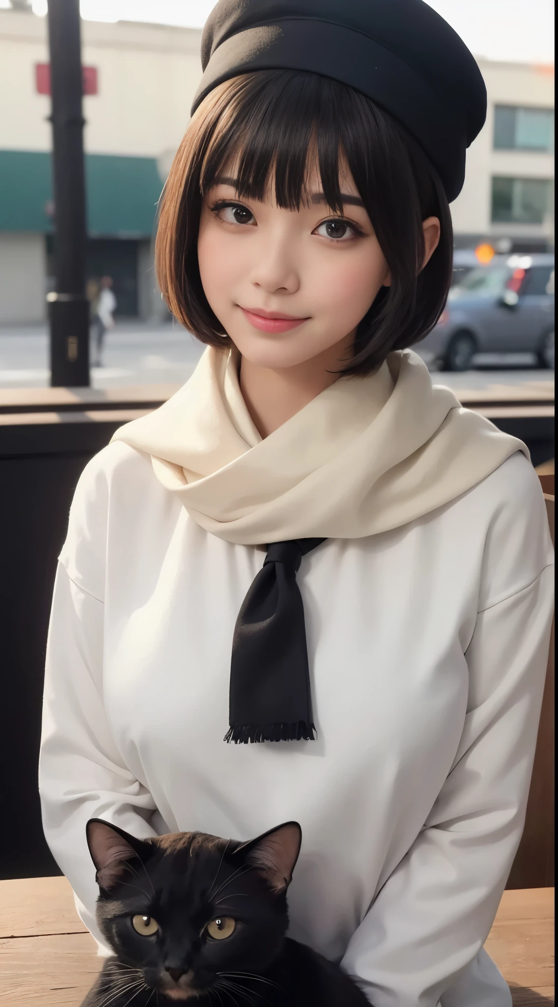 (On the table, quality),1 girl in, 独奏, 漆黒の艶のある髪quality, scarf, Hats, Realistic, looking at viewert, bright dark eyes, short detailed hair, Manteau, Winter clothes, ホワイトヘッドscarf, cparted lips, Gloss on lips,, a closed mouth, The upper part of the body、largeeyes、eye lashes、((the street))、((short hair cat with bangs、Leave your students with a very powerful highlight、ultra gigantic tits、Gaze towards the viewer、Very beautiful beauty、Please remove all ears、long neck、Small Smile、Shut your mouth and smile、Look firmly at the camera)))、