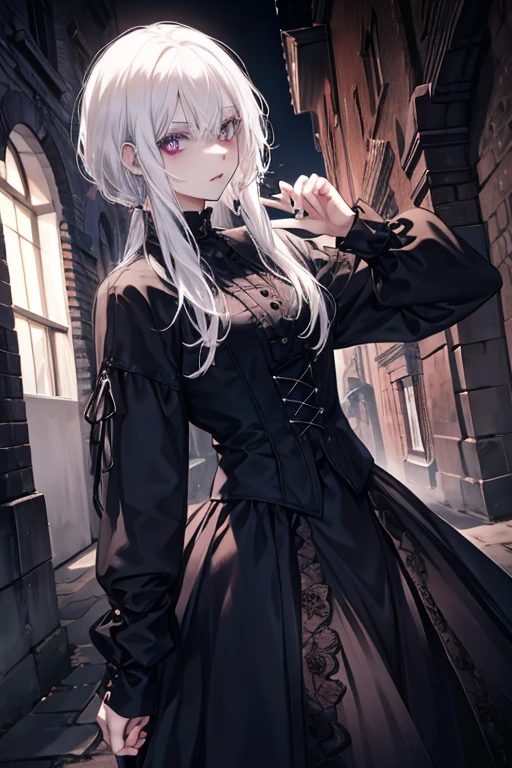 A white haired man with ruby eyes is posing in gothic streetwear in the stree