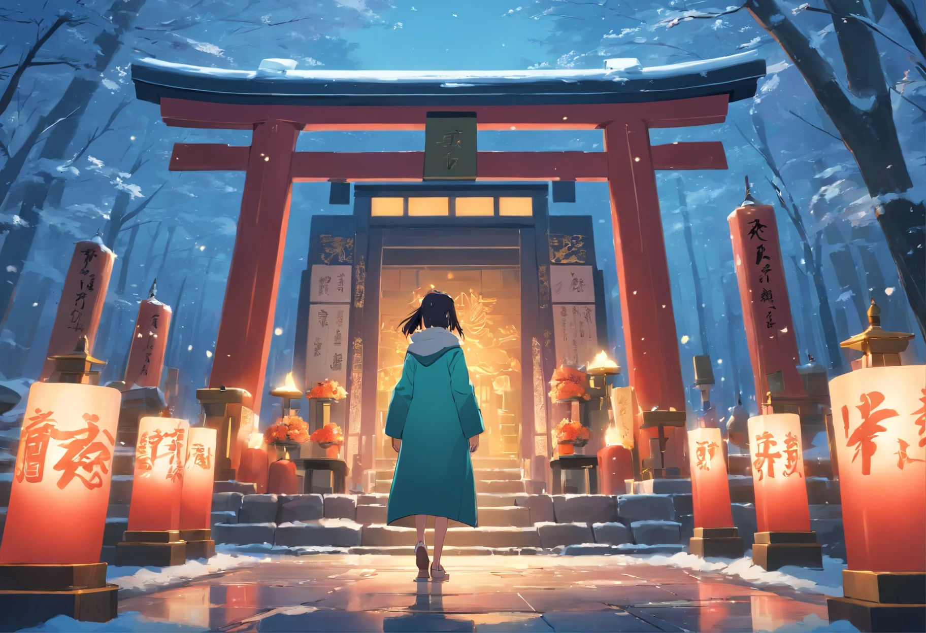 first shrine visit of New Year, (crowded shrine) , zori, girl wearing a down coat