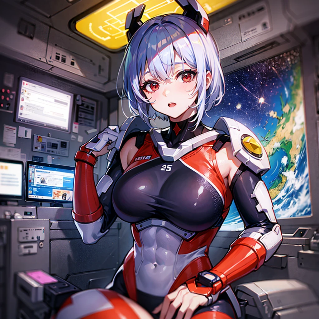 An absurd solution, High resolution, (masterpiece: 1.4), Super detailed, A young woman with dark hair dressed as an engineer, Blushing and excited expression, Sitting in a very small, enclosed mecha control room