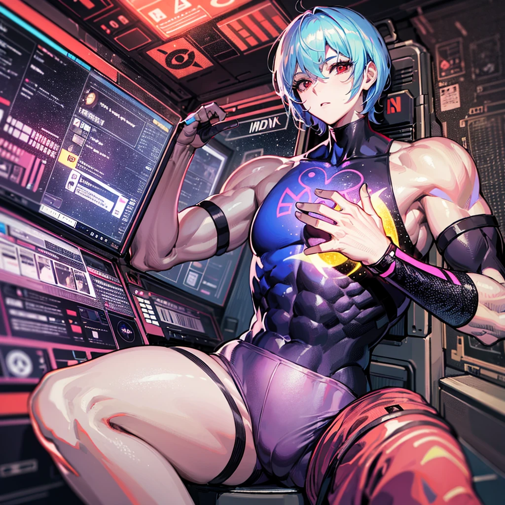 (((masterpiece、Top image quality、top-quality、highly detailed unity 8kwall-paper)))、((Illustration of one girl))、(pilot)、(((blue silver short hair)))、Red eyes、((Tall))、(((Muscle Girl、Muscular and strong body、abdominals、muscular and thick arms、muscular and thick legs、stocky build、muscular legs、broad shoulders))))、(((白いpilotスーツ)))、((manspreading、Sitting in the cockpit))、((space fighter cockpit、The Universe on the Monitor、Earth seen from space))