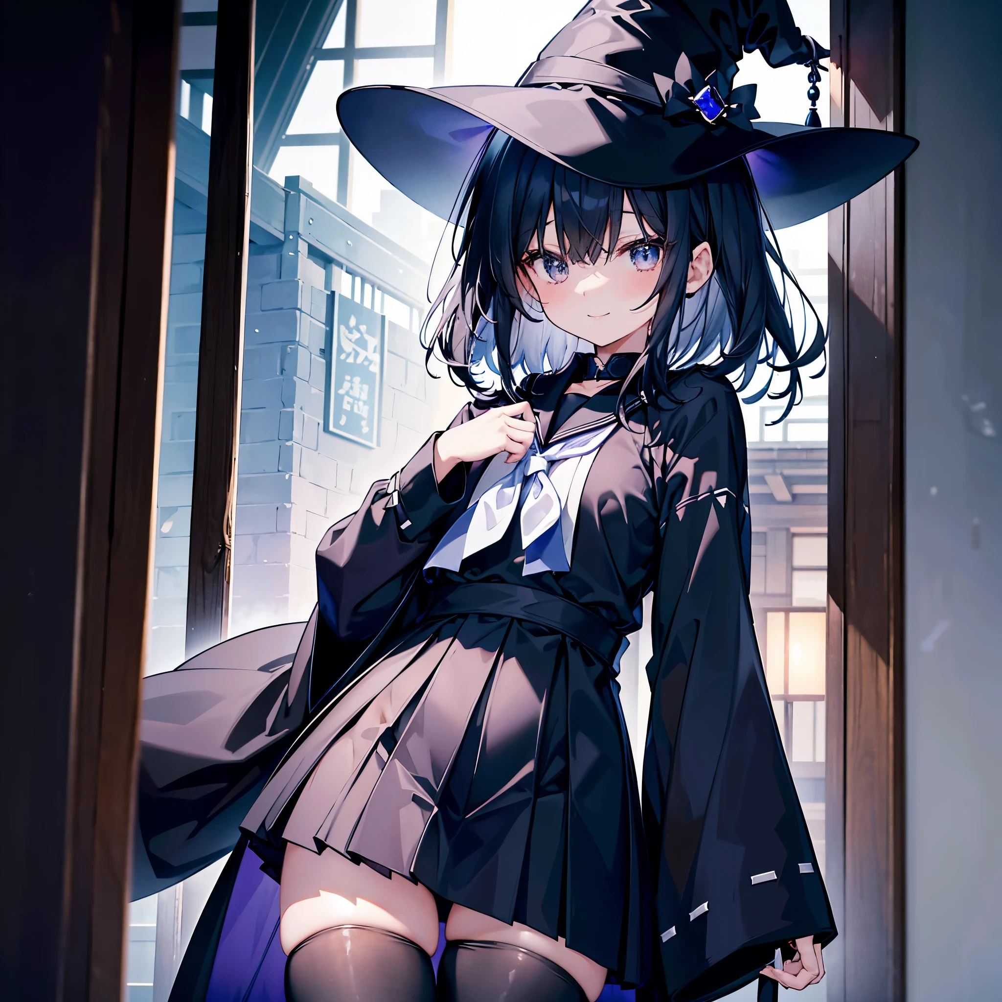 This is a Japanese gymnasium、It's night now、Woman wearing a large black witch hat with sapphire accessories、wearing a long black coat、She wears a sailor suit、she is wearing a checked skirt、leggings that cover the upper half of the thighs、bare-legged、Short, pure white loose lob hair、small tits、Outstanding smile、