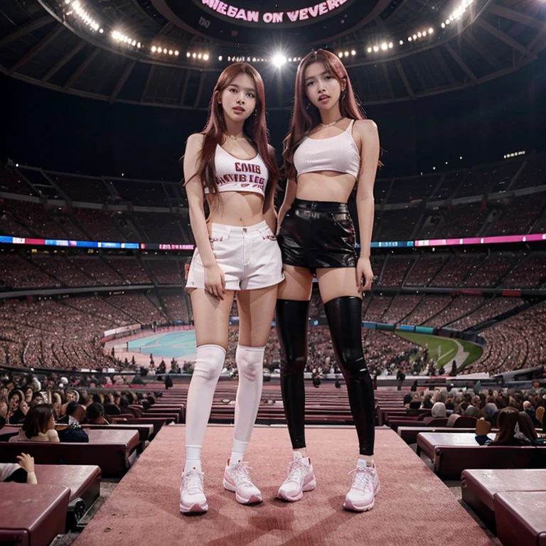 blackpink's lisa and rosé performing in a packed stadium