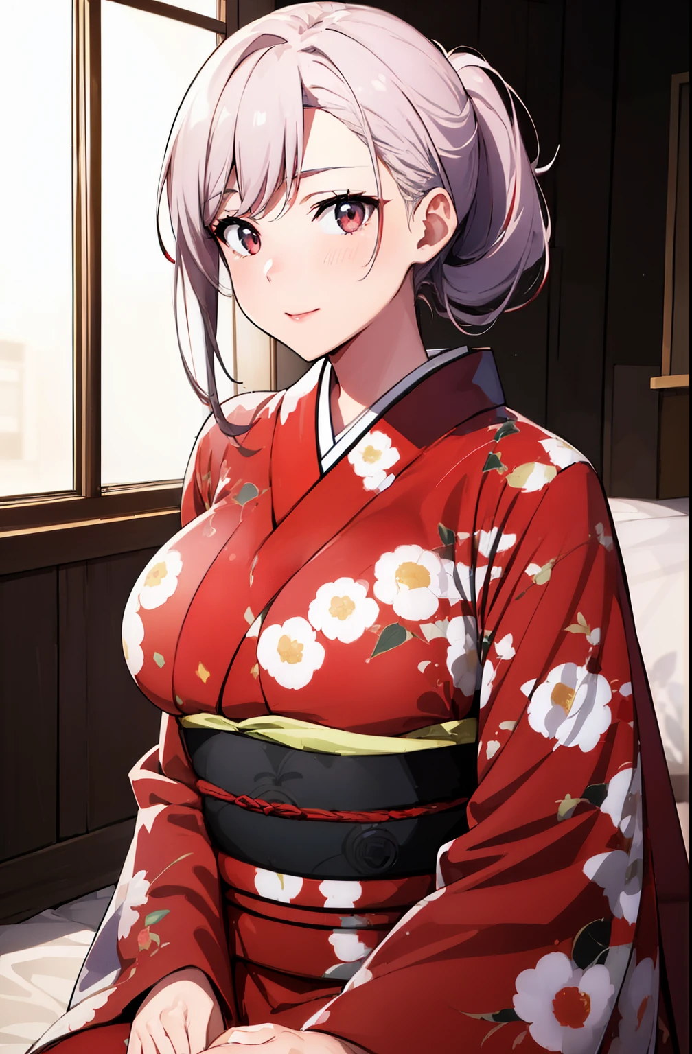 (Night:1.7), Japan, Tokyo, CityView, Before Window, Standing at attention, Sitting on tatami, red_japanese clothes, kimono, yakata, low_ponytail, red eyes, white hair, albino, bangs, Hair_bun, 1 girl, 20yo, mature female, Beautiful Finger, Beautiful long legs, Beautiful body, Beautiful Nose, Beautiful character design, perfect eyes, perfect face, looking at viewer, in the center of the image, NSFW, official art,extremely detailed CG unity 8k wallpaper, perfect lighting,Colorful, Bright_Front_face_Lightinasterpiece:1.0),(best_quality:1.0), ultra high res,4K,ultra-detailed, photography, 8K, HDR, highres, absurdres:1.2, Kodak portra 400, film grain, blurry background, bokeh:1.2, lens flare, (vibrant_color:1.2), (Beautiful,Large_Breasts:1.6), (beautiful_face:1.5), (narrow_waist),