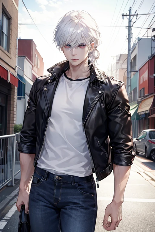 A white haired man with ruby eyes is wearing a t-shirt black jeans and a leather jacket