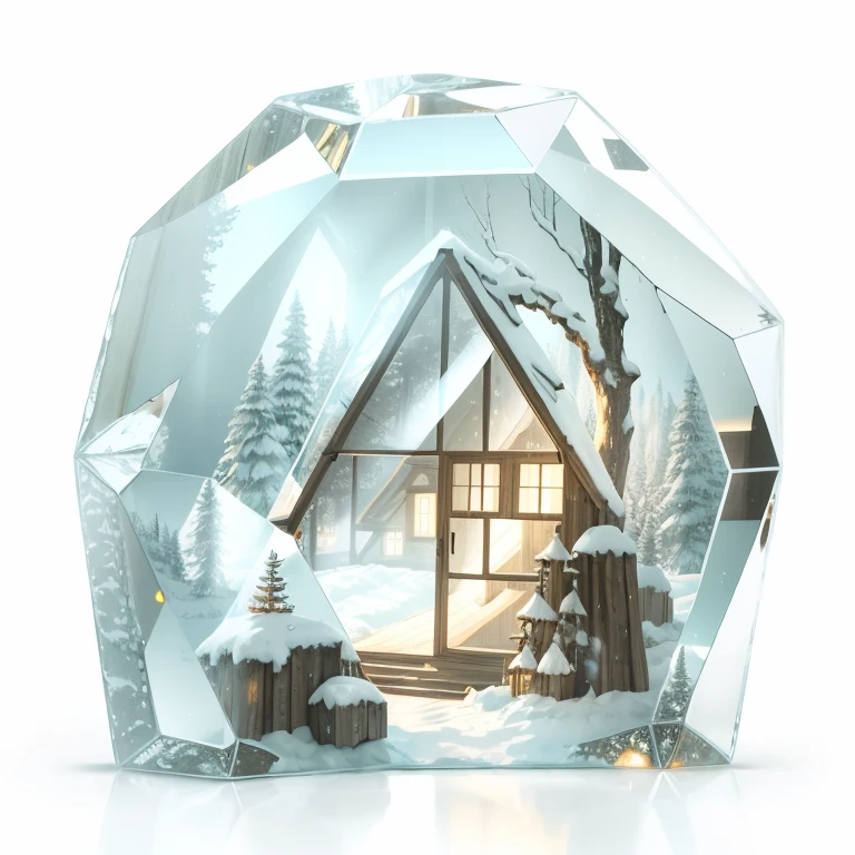 There is a glowing wooden house in the glass,Photographic realism,mirrors