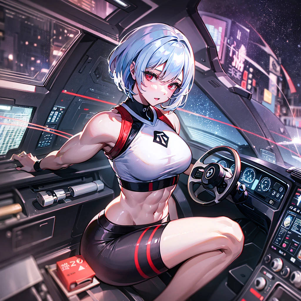 (((masterpiece、Top image quality、top-quality、highly detailed unity 8kwall-paper)))、((Illustration of one girl))、(pilot)、(((blue silver short hair)))、Red eyes、((Tall))、(((Muscle Girl、Muscular and strong body、abdominals、muscular and thick arms、muscular and thick legs、stocky build、muscular legs、broad shoulders))))、(((白いpilotスーツ)))、((manspreading、Sitting in the cockpit))、((space fighter cockpit、The Universe on the Monitor、Earth seen from space))