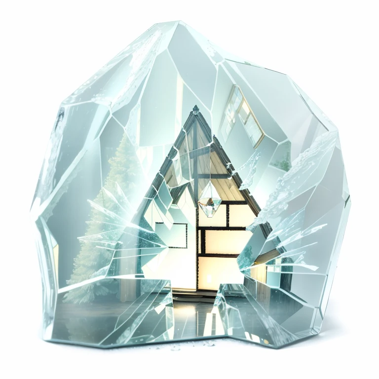 There is a glowing wooden house in the glass，Photographic realism，mirrors