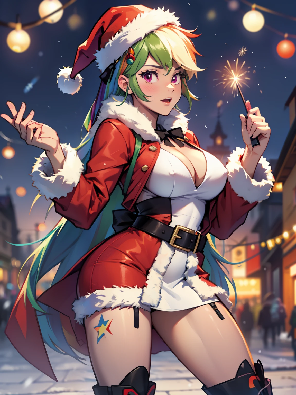 Raybow Dash, Raybow Dash из мой маленький пони, big breastes, Lush breasts, Volumetric breasts, exuberant hair, hairlong, combat pose, New Year, Christmas, santa costume, New Year&#39;s hat, tied hair, rainbow suit, New Year's Eve Outfit, New Year&#39;s fur coat, closed clothing, in full height, New Year&#39;s boots, women&#39;s boots, Runes and magic, a lot of Christmas lights, fireworks, super quality, Very detailed, snowing, Christmas tree, Garland