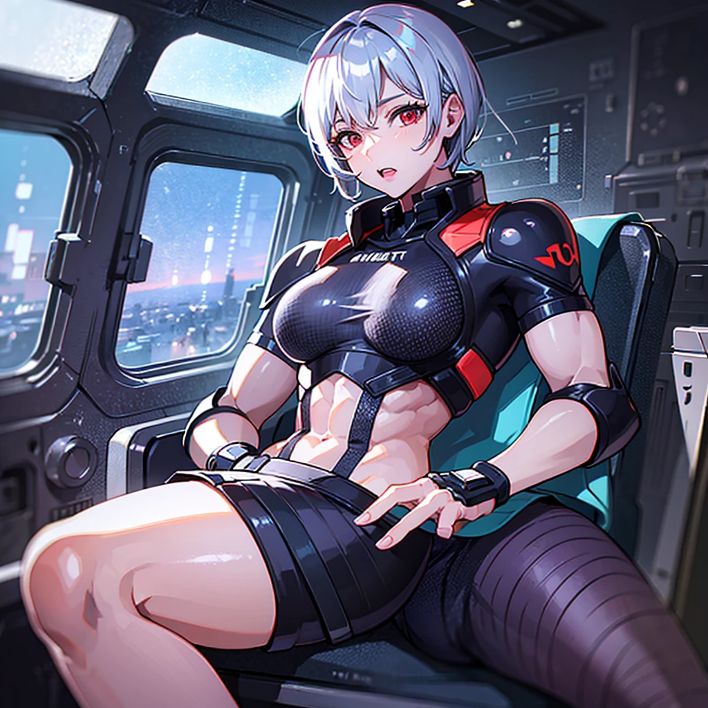 (((masterpiece、Highest image quality、highest quality、highly detailed unity 8kwallpaper)))、((Illustration of one girl))、(pilot)、(((blue silver short hair)))、Red eyes、((tall))、(((Muscle Girl、Muscular and strong body、abs、muscular and thick arms、muscular and thick legs、stocky build、muscular legs、broad shoulders))))、(((白いpilotスーツ)))、((manspreading、Sitting in the cockpit、armpit))、((space fighter cockpit、The Universe on the Monitor、Earth seen from space))