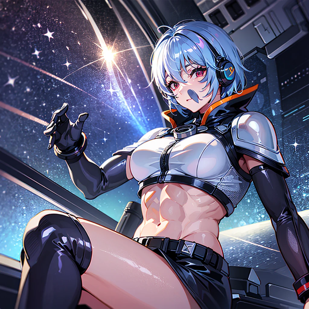 (((masterpiece、Top image quality、top-quality、highly detailed unity 8kwall-paper)))、((Illustration of one girl))、(pilot)、(((blue silver short hair)))、Red eyes、((Tall))、(((Muscle Girl、Muscular and strong body、abdominals、muscular and thick arms、muscular and thick legs、stocky build、muscular legs、broad shoulders))))、(((白いpilotスーツ)))、((manspreading、Sitting in the cockpit))、((space fighter cockpit、The Universe on the Monitor、Earth seen from space))
