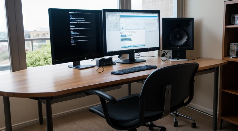 Computer table of a hacker with 2 adjoining monitors, large circular table, chair with head support, backlit keyboard, podcast microphone with stand, great modern design, computer nerd, coffee mug on the table, photo taken from the back side, face not visible