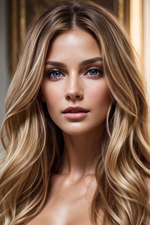 ultra realistic image, beautiful woman, 30 years old, fair skin, expressive light brown eyes, full lips, sculptural body, long and wavy blonde hair, detail of silky skin, with a healthy appearance, with formal clothes in dark colors and loose hair