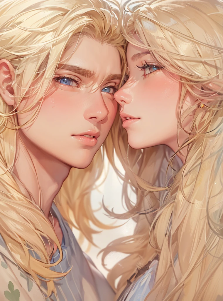 ((Handsome)), blonde and brunette, hairlong, Interaction, couple, Love, pastel colours, complex light, (Detail Face), (perfect ???????), (detail of the eyes)