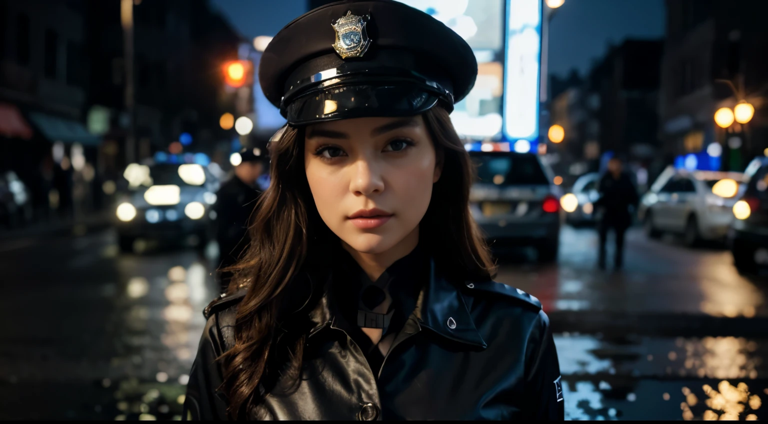 (best quality,4k,8k,highres,masterpiece:1.2),ultra-detailed,(realistic,photorealistic,photo-realistic:1.37),portrait,police woman,beautiful detailed eyes,beautiful detailed lips,extremely detailed eyes and face,long eyelashes,curly hair,big breasts,firm and toned body,confident expression,fitting police uniform with shiny badge and name tag,elegant police hat,professional,sharp focus,vivid colors,studio lighting,bokeh,lens flare,neutral color tones,soft shadows,cityscape background,nighttime scene,car lights streaking by,glowing neon signs,reflection in puddles,gritty urban atmosphere,crime-fighting energy, majestic police woman。
Be aware of:Photo sizes are 4K to 8K,With high quality and fine texture,Deliver realistic visuals and photo-like detail。The female facial features are highlighted in the picture,Such as beautiful eyes、Lip shape and long eyelashes,The expression is confident and generous。She has a charming figure,well known。She wears a well-fitting police uniform,Shining badges and name tags hung on the chest,Wearing an elegant police hat。The entire picture has very professional dimming and clear focus,vibrant with colors,There is a city street view and night atmosphere in the background,The light from the headlights and the reflection in the puddles,Create an urban atmosphere full of tension。