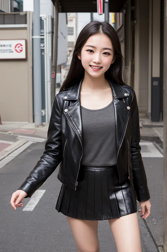 photo Realistic, masutepiece, Realistic, High contrast, hyper Detailed, Best Quality, 超A high resolution, photo Realistic, High resolution, Detailed, Raw photo, Japanese Junior High School Girl, Long hair, Black leather jacket, Long sleeves, micro mini skirt, Pleated skirt, black long boots, Street, Full Shot, Looking at Viewer, (((From below))), Busy city, (Pose Seductive), Looking at Viewer, japanaese girl, Smile, open gag mouth