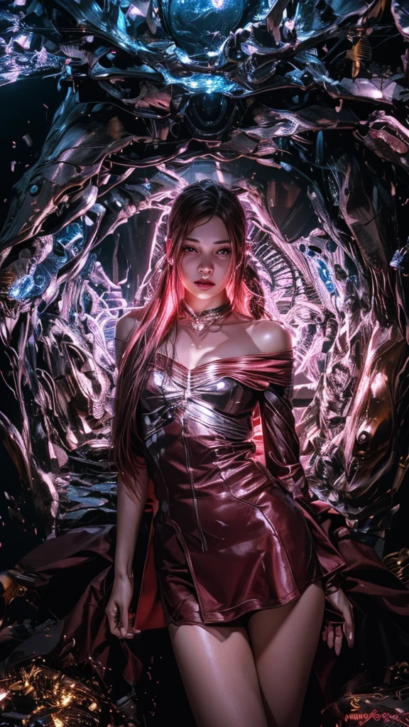 NSFW, 1girl, Rosé blackpink, Cyberpunk, ((corpo inteiro):1.5), {((uma mulher))}, (30 anos) usando {((Arabic style translucent mechanical skin:1.2, with multiple intricate neon wires detailed with metal alloy, gostosa, seio grande, sexy, seios para fora, clothes with open zippers, Novo
