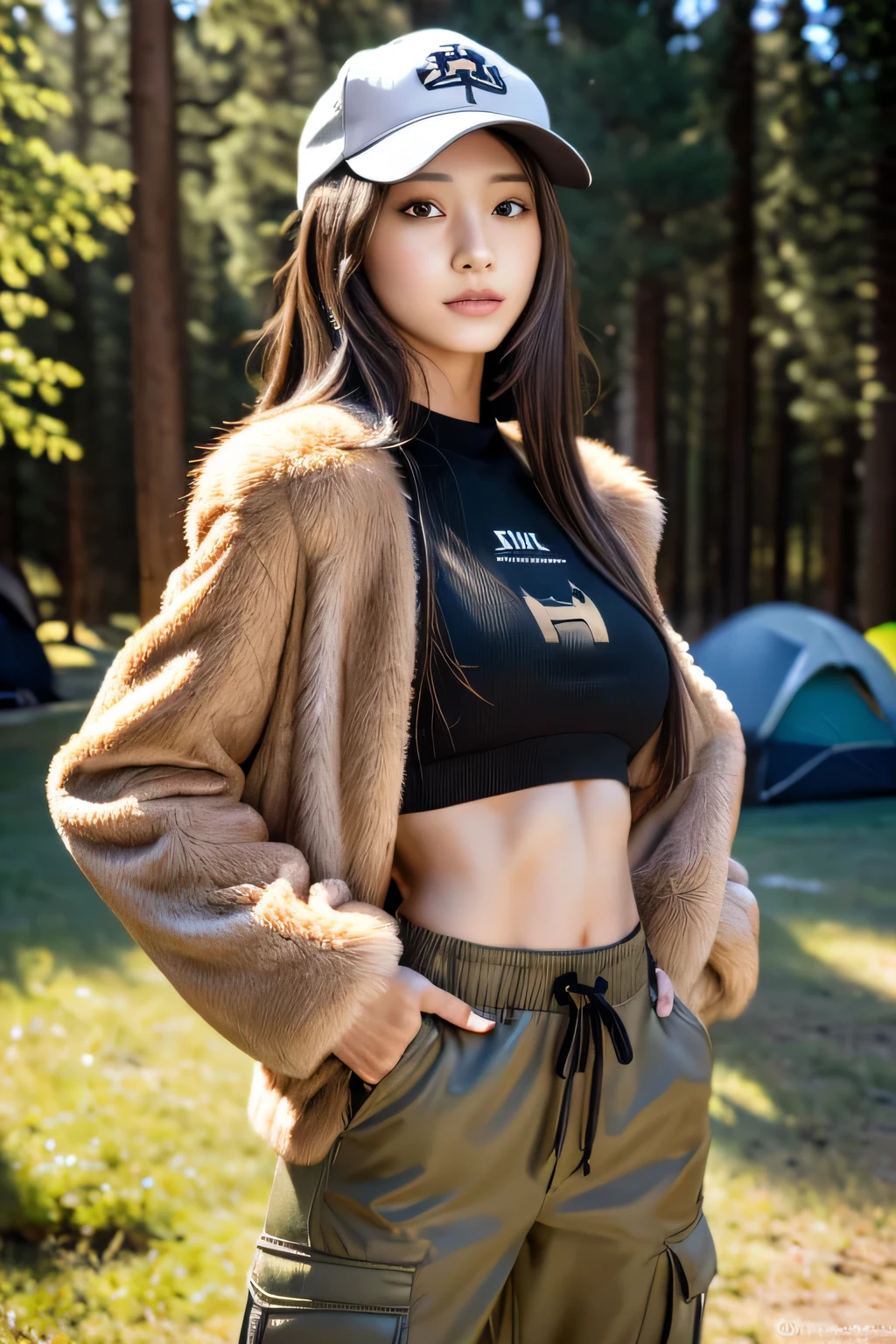 (masutepiece:1.3), (8K), (Best Quality:1.4), (nffsw:1.2), (Photorealistic:1.3), (Raw photography), (1girl in), (ultra high detailed), (Detailed face), Very perfect beautiful and cute face, (detailed hairs), Beautiful hair, Bangs, (Symmetrical eyes:1.3), (Detailed eyes), (Detailed skin), Realistic skin, Shiny skin, Ultra high definition, (medium breasts), (slim figure), (Supermodel Figures), 20yr old, 

(Wearing a fur jacket, Compression Shirts, Hip Hop Cable, Cargo pants), (Barbecue at the campsite)