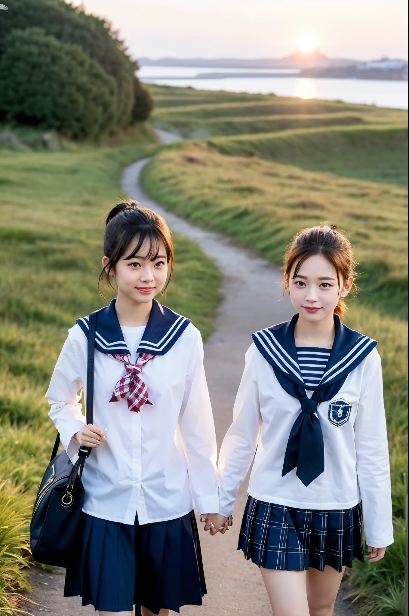 school hallway、Two beautiful girls、Same school uniform、Same sailor suit、、Stunned expression、long  skirt、Bun hair、(early evening)、(Sunset)、