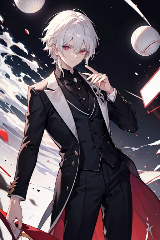 A white haired man with ruby eyes is wearing a fancy suit in a ball