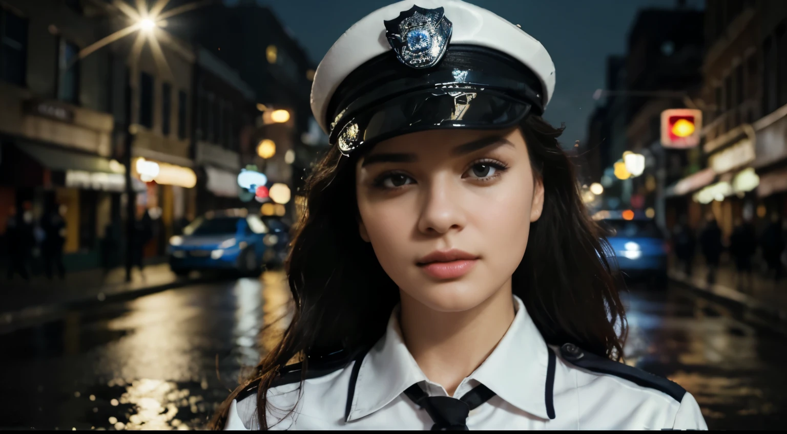 (best quality,4k,8k,highres,masterpiece:1.2),ultra-detailed,(realistic,photorealistic,photo-realistic:1.37),portrait,police woman,beautiful detailed eyes,beautiful detailed lips,extremely detailed eyes and face,long eyelashes,curly hair,big breasts,firm and toned body,confident expression,fitting police uniform with shiny badge and name tag,elegant police hat,professional,sharp focus,vivid colors,studio lighting,bokeh,lens flare,neutral color tones,soft shadows,cityscape background,nighttime scene,car lights streaking by,glowing neon signs,reflection in puddles,gritty urban atmosphere,crime-fighting energy, majestic police woman。
Be aware of:Photo sizes are 4K to 8K,With high quality and fine texture,Deliver realistic visuals and photo-like detail。The female facial features are highlighted in the picture,Such as beautiful eyes、Lip shape and long eyelashes,The expression is confident and generous。She has a charming figure,well known。She wears a well-fitting police uniform,Shining badges and name tags hung on the chest,Wearing an elegant police hat。The entire picture has very professional dimming and clear focus,vibrant with colors,There is a city street view and night atmosphere in the background,The light from the headlights and the reflection in the puddles,Create an urban atmosphere full of tension。