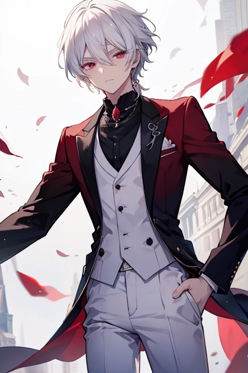 A white haired man with ruby eyes is wearing a fancy suit in a ball