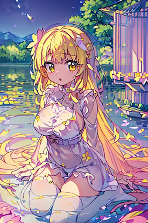 ((Finest quality)),(超A high resolution),(Ultra-detailed細),(Meticulous portrayal),((the most picturesque works of art),Ultra-Precision Art,The art of astounding depiction,Fantasyart:1.5, ((((Beautiful flowers々:1.5))), ((Body eroded by flowers:1.3)),(Glamorous body:1.3),fancy background effects、masterpiece、Fancy details、(NSFW 1.1), ((1girl in)), ((masutepiece)), ((Highly detailed:1.3)), In crystal clear water,beautiful woman entering the lake, ((long yellow hair)), Wet hair, Wearing a light transparent dress, clothed bathing, steam, (many petals floating on the lake:1.8), Early morning light, Ivory Gold AI, windows, Crepscular lighting, 、Lace sheer underwear、very very gigantic boobs、Transparent pink nipples、Transparent pink areola、lace and string shorts.、princess carry,Sexy lingerie with lace and strings,See-through sexy lingerie,Transparent lingerie、translucent dress、pearlsescent、pearls、Sexy Harness、Sexy garter belt、Sexy Stockings、Well equipped,intimate, rose garden、Multicolored roses、lake with floating roses、Lying down、Open legs、Spread your legs、Open thighs、Immersion in water、Wet body、splash water、gorgeous flower decoration、big flowers、stylish hair、Moon, lantern, Night, Solo, playing in the water, Water, hair flower, flower, Outdoors, skyporn, full Moon, Rain, lantern, wet clothes, skyporn, wet hair (((masutepiece),(the Extremely Detailed CG Unity 8K Wallpapers),Best Quality,Cinematic lighting,Detailed background,Beautiful detailed eyes,Bright pupils, (extremely delicate and beautiful),(Beautiful and detailed eyes description), Ultra-detailed,masutepiece,)),((Yellow eyes))、