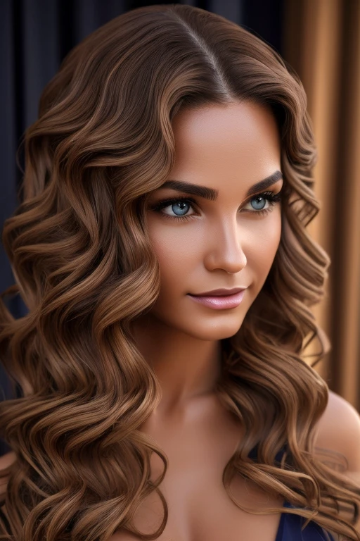 ultra realistic image, beautiful woman, 30 years old, fair skin, expressive light brown eyes, full lips, sculptural body, long and wavy blonde hair, detail of silky skin, with a healthy appearance, with formal clothes in dark colors and loose hair