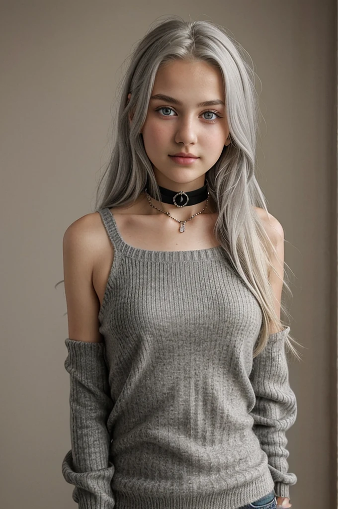  girl, Alone, Long gray hair, , view the viewer, Blonde hair, shoulder, Brown eyes, jewely, Full body lesbian, choker necklace, cropped shoulders, Sweaters, Open lips, actual, nase, flirting with the camera