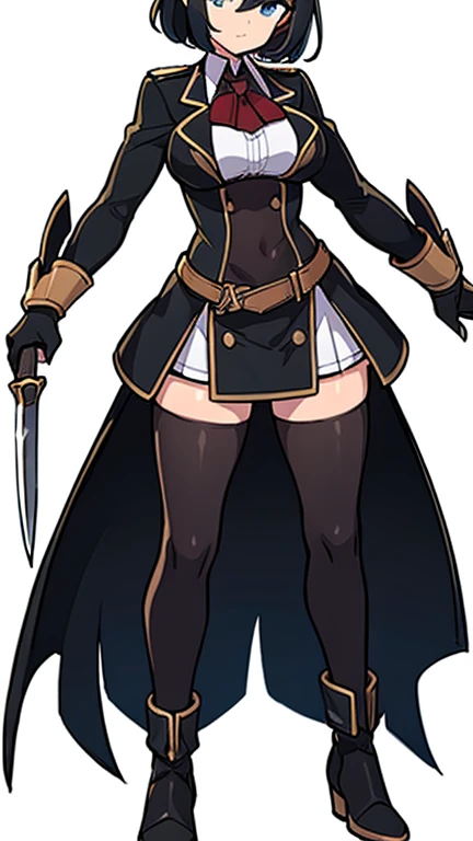 (((Best Quality))) , ((full body)), female, reference sheet, solo, (white background), holding weapon, gloves, slit short trench skirt,