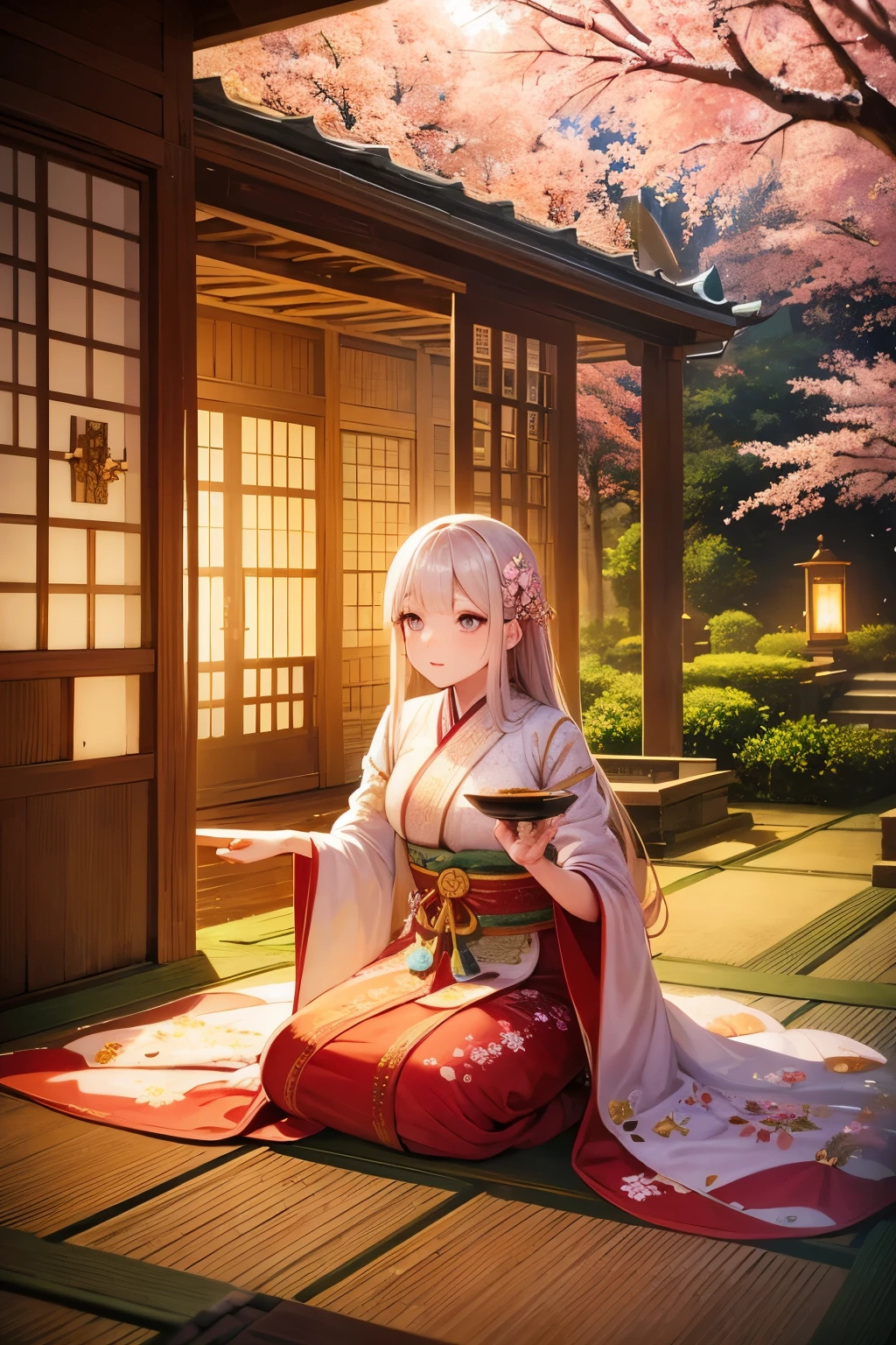 beautiful detailed eyes, traditional costume, serene garden, cherry blossom, flowing robes, graceful pose, bamboo forest, delicate embroidery, tea ceremony, ancient architecture, soft lighting, vibrant colors, dreamlike atmosphere, intricate details.