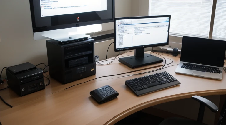 Computer table of a programmer with 3 adjoining monitors, large circular table, chair with head support, backlit keyboard, podcast microphone with stand, great modern design, computer nerd, coffee mug on the table, photo taken from the back side, face not visible